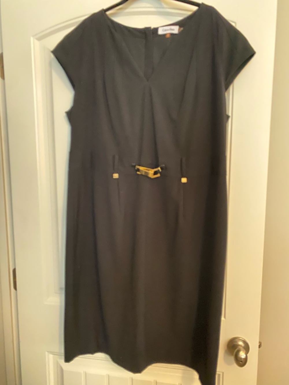 Calvin Klein Black Midi Sheath Dress with Gold Buckle